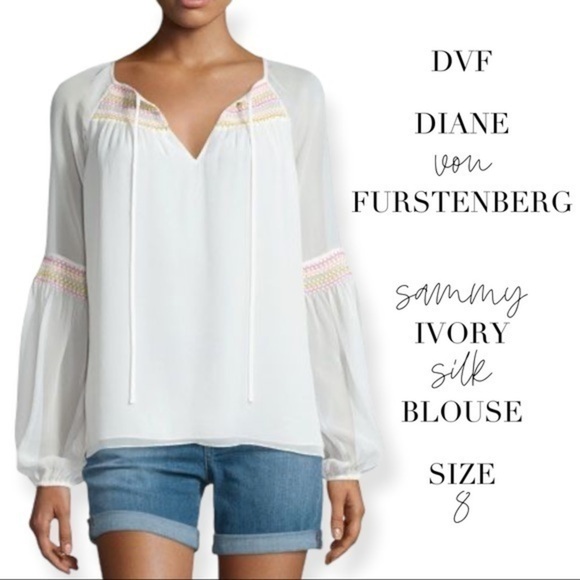 Diane von Furstenberg ivory silk bohemian blouse with smocked stitching Size 8 - Picture 1 of 9